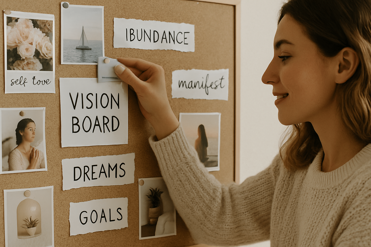 Image d'un vision board intuitif illustrant des objectifs de manifestation personnelle et des aspirations de vie.